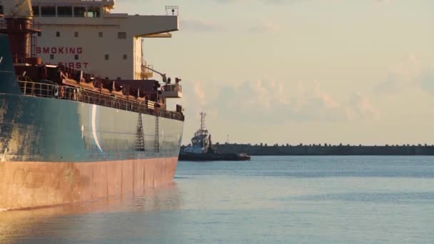 Vista parcial de perto de um enorme navio de carga atracado no porto marítimo . — Vídeo de Stock