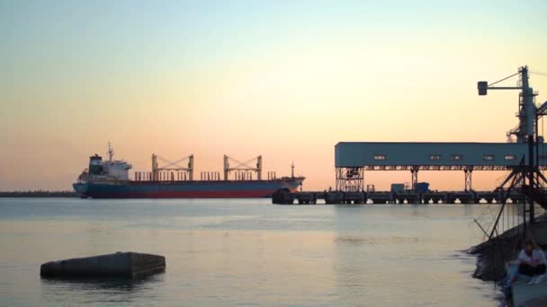 Statek towarowy zbliża się do portu w spokojny dzień.. — Wideo stockowe