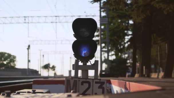 Μπλε πινακίδα στο φανάρι της σιδηροδρομικής κυκλοφορίας στις ράγες που καταλήγουν σε δέντρα — Αρχείο Βίντεο