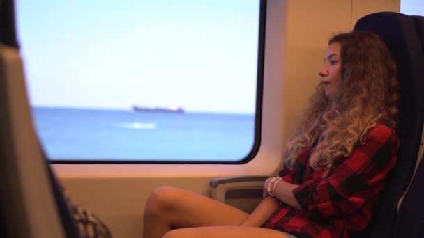Модная леди в клетчатой рубашке сидит на сиденье поезда — стоковое видео