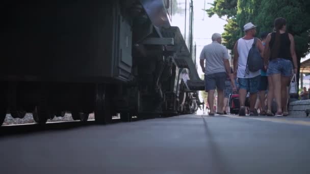 Различные люди идут по асфальтированной платформе мимо стоячего поезда — стоковое видео