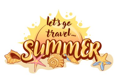 Deniz kabukları ve güneşle Yaz Seyahat Mektubu. Tropikal Tatil Posteri.