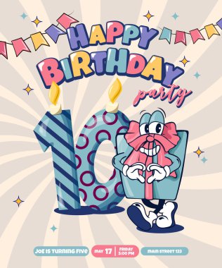 Çocuklar için eğlenceli bir doğum günü davetiyesi. Parlak ve neşeli bir doğum günü daveti, sevimli karakterler, bir hediye ve 10 numara