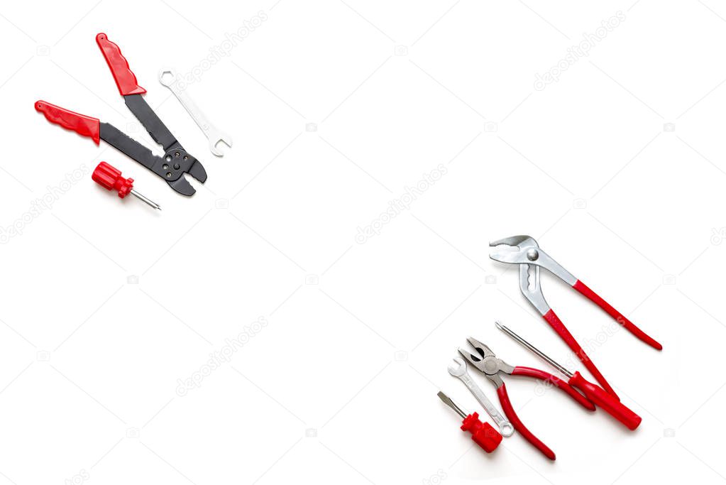 Set of tools and instruments at white surface background
