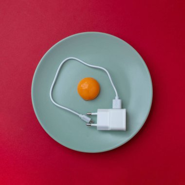 Çiğ yumurta sarısı ve kırmızı arka planda beyaz kablodan yapılmış yumurta. Düz yatıyordu. Modernizm kavramı.
