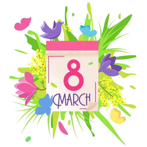 8 Mart 'ta doğanın arka planında yazılan takvim. Yeşillik patlaması. Kadınlar Günü. Bahar günü. Beyaz arkaplanda izole vektör illüstrasyonu.