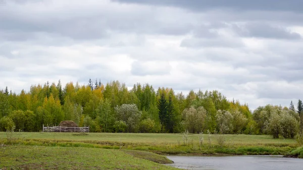 Pajar Solitario Detrás Cerca Encuentra Campo Junto Lago Taiga Salvaje — Foto de Stock