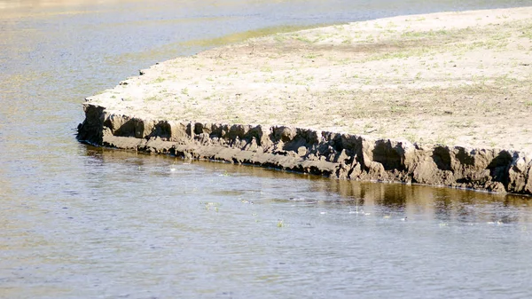Die Strömung Des Flusswassers Zerstört Den Halbkreis Des Sandufers Mit — Stockfoto