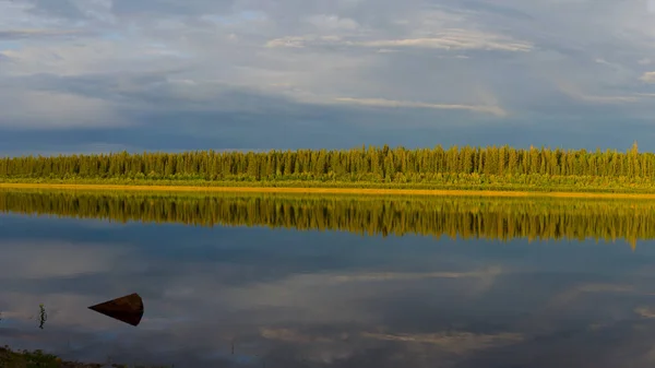 Залишки Заліза Виступають Поверхні Води Відображенням Смужки Північного Якутного Лісу — стокове фото