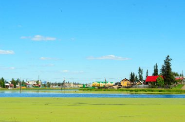 Yakutistan'ın Ulus Suntar köyünde, su yoluyla eski ve yeni evler ve teller ile büyümüş bir gölet üzerinde aydınlık bir gün.