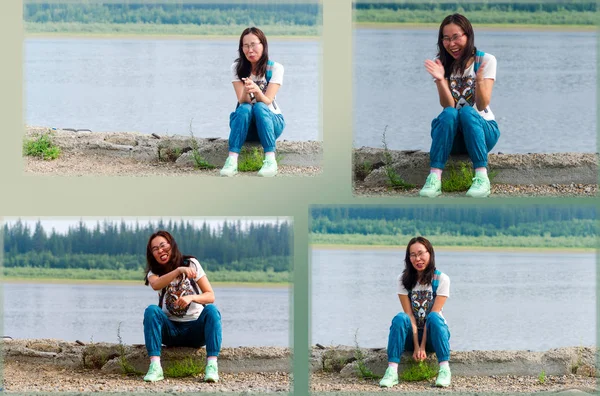 Collage Four Photos Yakut Girls Asian Grimace Banks Northern River — Stock Photo, Image