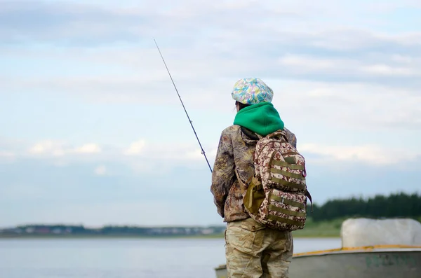 Yakut Mädchen Touristenfischer Mit Einem Rucksack Angeln Einer Mütze Eisernen — Stockfoto