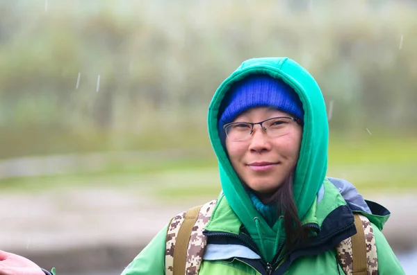 Yakut Asian Girl Tourist Hat Hood Smiling Glasses Background Snowy — Stock Photo, Image