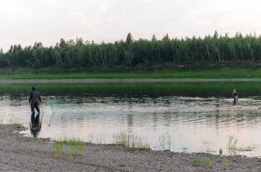 Arka plan martılar Yakutlar iki adam geleneksel tugun yerel balık yakalamak bir ormanda vahşi Kuzey Vilyuy nehrinin kıyıları boyunca balık ağı ile wading çizmeler içinde.