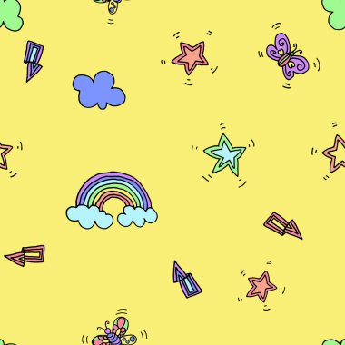 Gökkuşağı, yıldız, flash, yıldırım ve sarı zemin üzerine kelebek ile Seamless modeli. Vektör çizim. Tipografi tasarım öğeleri