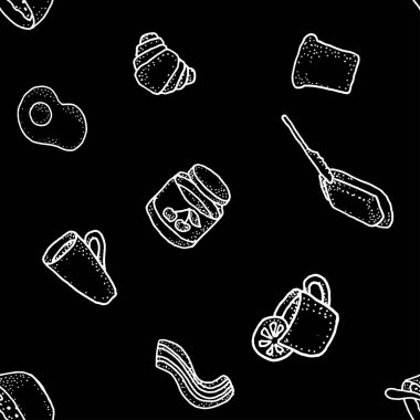 Seabless desen siyah arka plan üzerine kahvaltı ile vektör. Çay, kahve, limon, tereyağı, ekmek, croisson, yapardı, yulaf, yumurta
