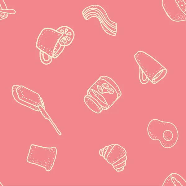 Seabless vector pattern with breakfast on pink background. Tea, coffee, lemon, butter, bread, croisson, becon, oat, egg — Stock Vector