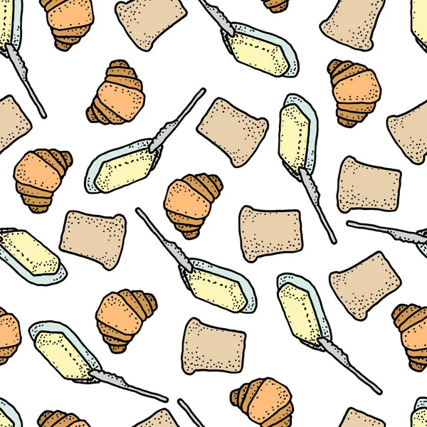 带彩色面包、黄油和牛角面包的无缝矢量图案 — 图库矢量图片