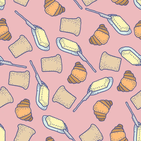 带彩色面包、黄油和牛角面包的无缝矢量图案 — 图库矢量图片