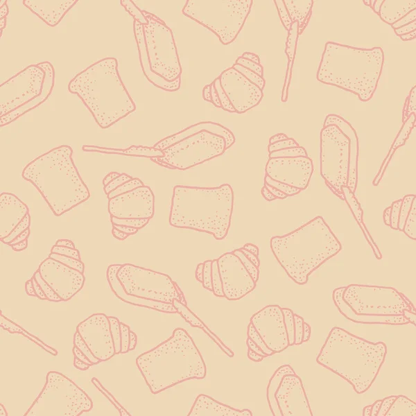 用于纺织 工艺的面包 黄油和牛角包的无缝矢量图案 — 图库矢量图片
