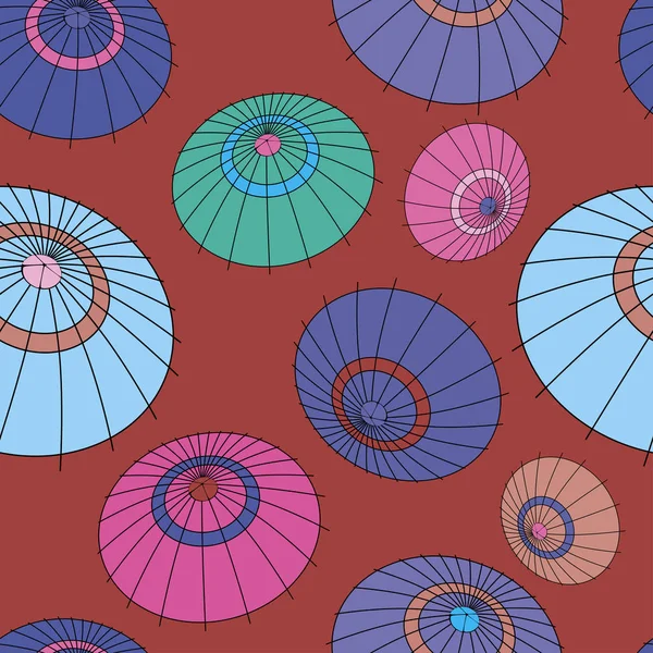 Vektor nahtloses Muster mit bunten japanischen Regenschirmen auf Terrakota — Stockvektor
