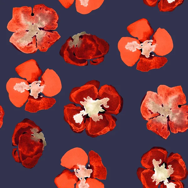 Watercolour seamless pattern with red small poppy on dark blue — Stock Photo, Image