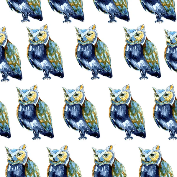 Watercolour owl order blue seamless pattern on white