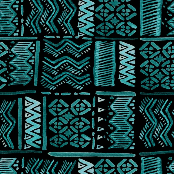 Seamless watercolour ethnic ornate turquoise on black