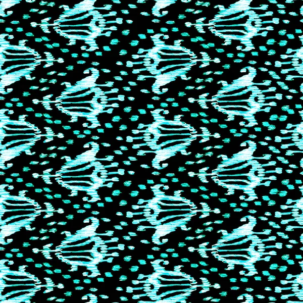 Ikat seamless bohemian ethnic turquoise and black pattern in watercolour style. Watercolor ikat oriental ornaments for fabric, textile, wrapping