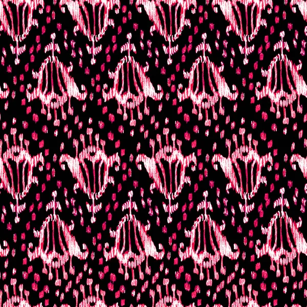 Ikat patrón bohemio sin costuras de color rosa étnico y negro en estilo acuarela. Acuarela ikat ornamentos orientales . — Foto de Stock