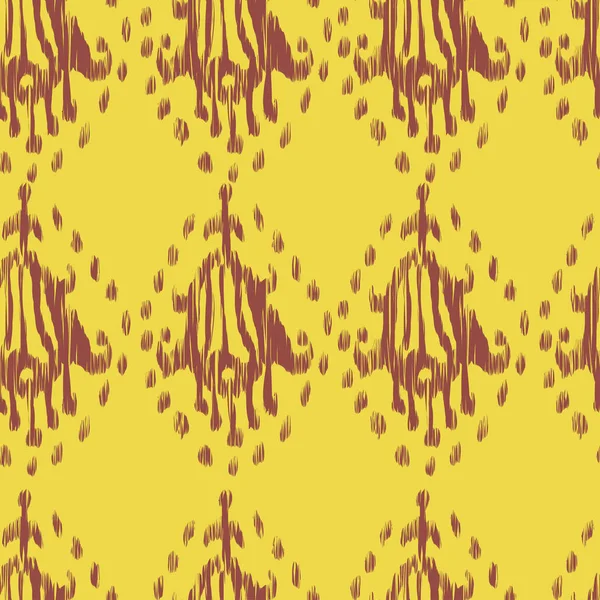 Ikat memiliki pola vektor etnis merah muda dan kuning bohemian dalam gaya cat air. Warna air ikat ornamen oriental . - Stok Vektor