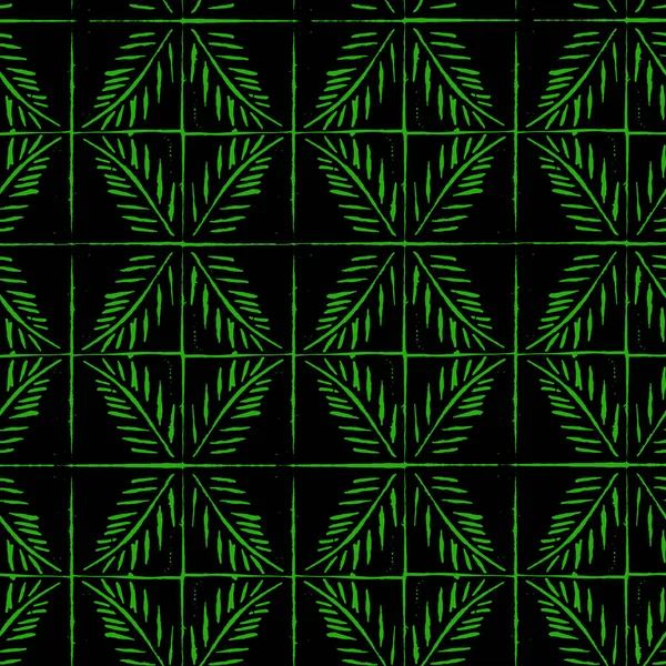 Linocut verde palma ramita vector patrón sin costura — Vector de stock