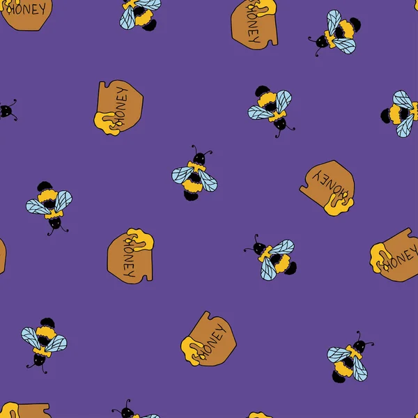 蜂と蜂蜜のシームレスなベクトル ライラック パターン — ストックベクタ