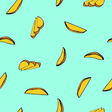 Turkuaz arka plan deseni üzerinde kaligrafi mango dilimleri