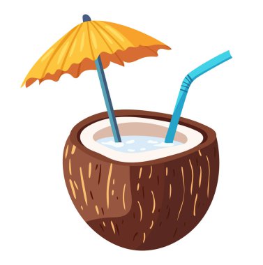 Hindistan cevizli kokteyl. İzole edilmiş arkaplanda vektör clipart illüstrasyonu.