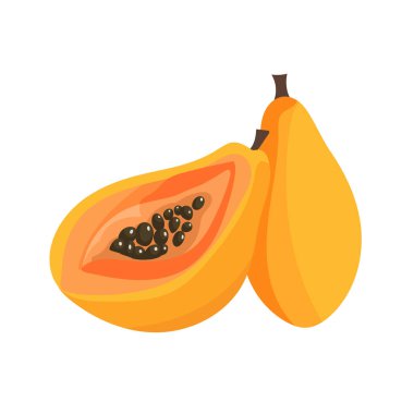 Papaya. Düz vektör, clipart illüstrasyonu beyaz arkaplanda izole edildi.