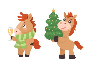 Noel ağacı ve bir bardak şampanyalı at, At Yılı. Düz vektör, clipart illüstrasyonu beyaz arkaplanda izole edildi.