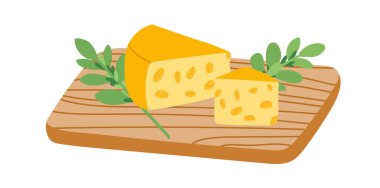 Tahta kesme tahtasındaki peynir ve otlar. Düz vektör, clipart illüstrasyonu beyaz arkaplanda izole edildi.