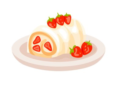 Çilekli kremalı dürüm. Düz vektör, clipart illüstrasyonu beyaz arkaplanda izole edildi.