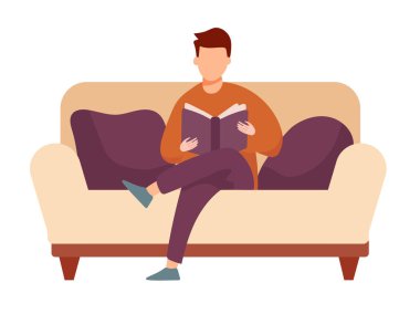 Adam kitap okuyor, kanepede oturuyor. Düz vektör clipart, izole edilmiş arkaplan ile illüstrasyon.