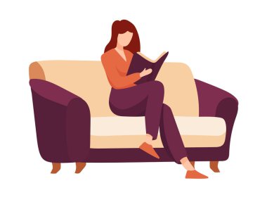 Kadın kitap okuyor, kanepede oturuyor. Düz vektör clipart, izole edilmiş arkaplan ile illüstrasyon.