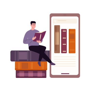 E-kitaplarla çevrimiçi kütüphane. Düz vektör clipart, izole edilmiş arkaplan ile illüstrasyon.