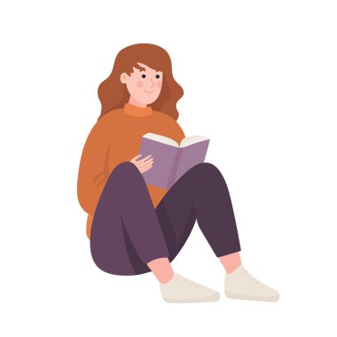 Elinde kitap tutan bir kadın. Düz vektör clipart, izole edilmiş arkaplan ile illüstrasyon.