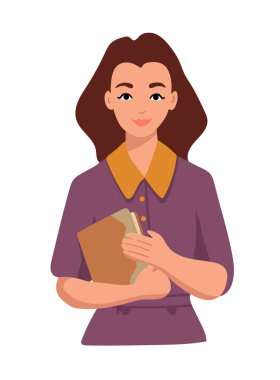 Elinde kitap tutan bir kadın. Düz vektör clipart, izole edilmiş arkaplan ile illüstrasyon.