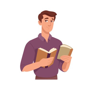 Bir adam bir yığın kitap tutuyor. Düz vektör clipart, izole edilmiş arkaplan ile illüstrasyon.