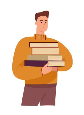 Bir adam bir yığın kitap tutuyor. Düz vektör clipart, izole edilmiş arkaplan ile illüstrasyon.