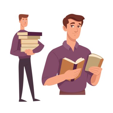 Bir adam bir yığın kitap tutuyor. Düz vektör clipart, izole edilmiş arkaplan ile illüstrasyon.