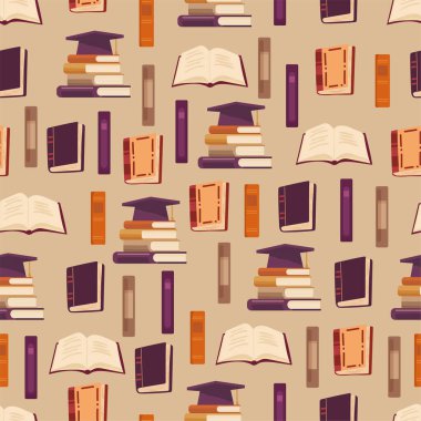 Kitaplar kusursuz desen. Düz vektör clipart, izole edilmiş arkaplan ile illüstrasyon.