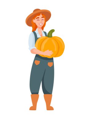 Elinde balkabağı tutan dişi çiftçi. Sonbahar, sonbahar. Düz vektör clipart, izole edilmiş arkaplan ile illüstrasyon.