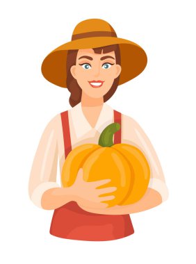 Elinde balkabağı tutan dişi çiftçi. Sonbahar, sonbahar. Düz vektör clipart, izole edilmiş arkaplan ile illüstrasyon.